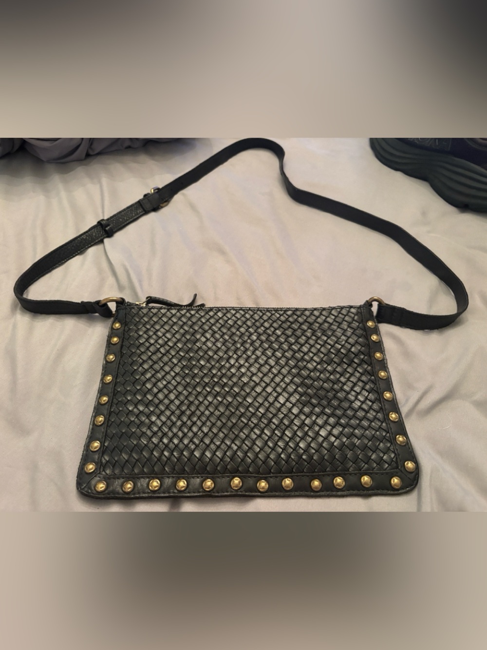 Wild West Black Woven Crossbody Bag with Gold Studs